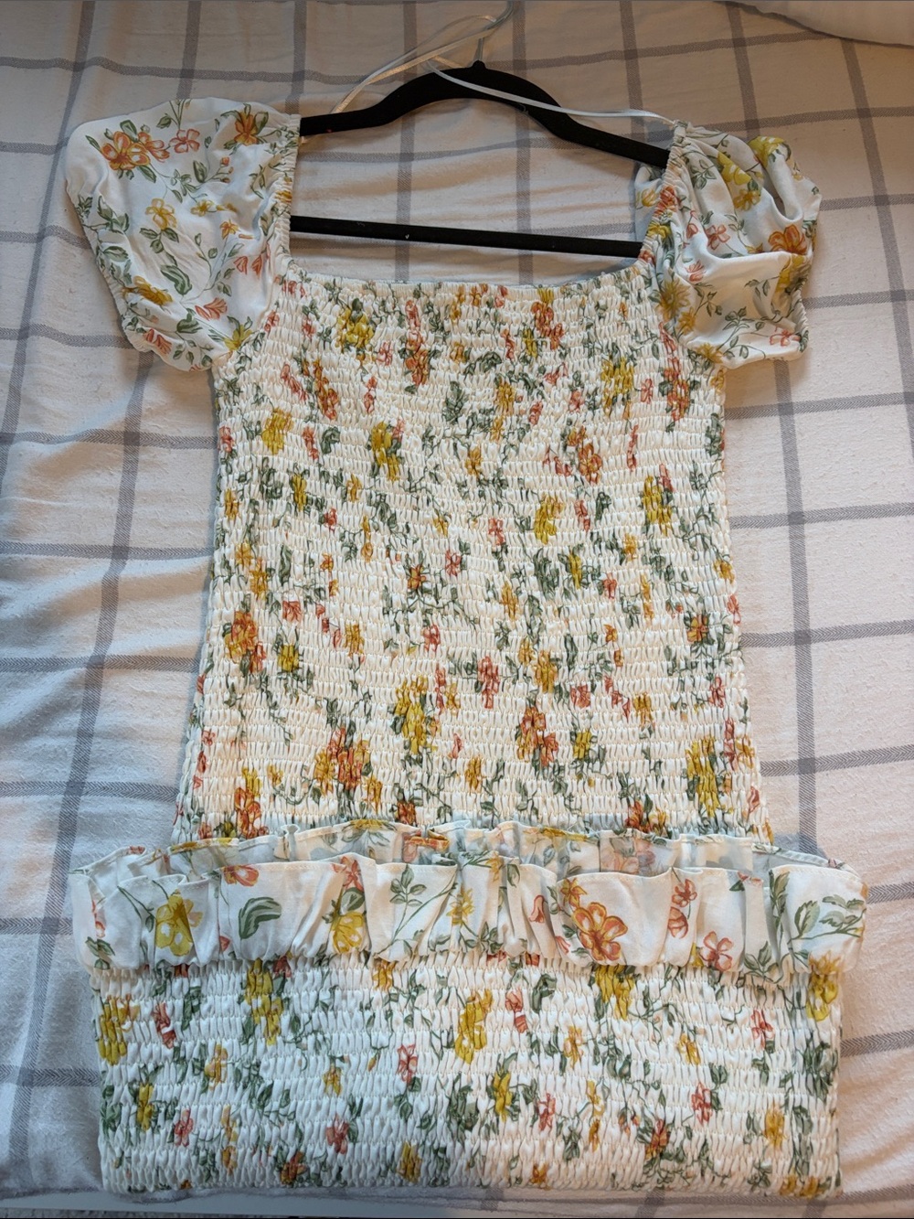 Lost + Wander White Floral Smocked Mini Dress with Puff Sleeves